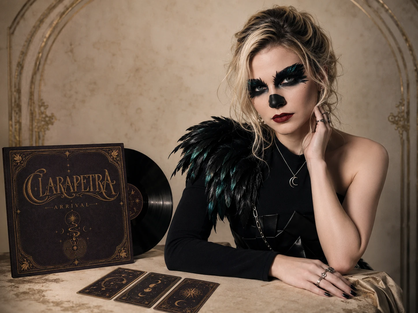 Clarapetra seated beside ARRIVAL vinyl packaging and tarot-inspired cards.