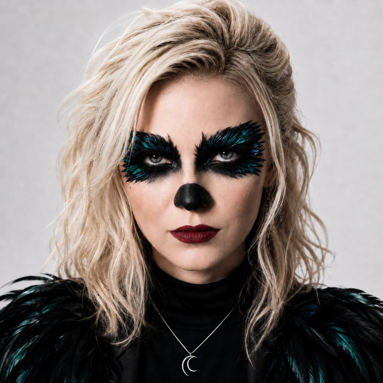 Close portrait of Clarapetra with black-and-teal feather makeup and a crescent pendant.