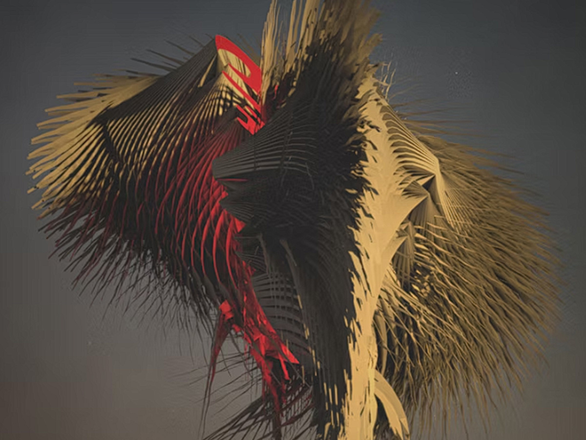 Abstract red, black, and gold 3D form built from layered feather-like geometry.