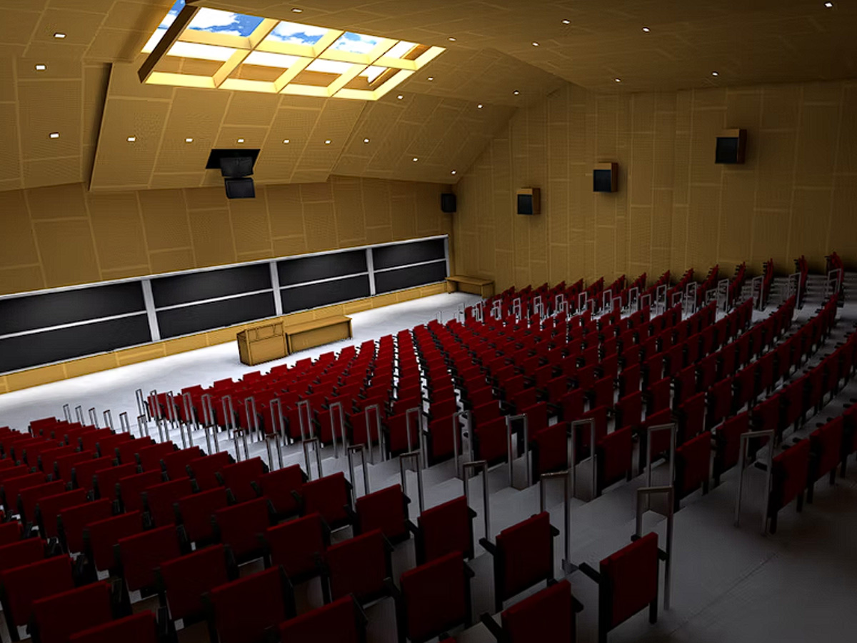 3D architectural visualization of a large lecture hall with red seating and geometric ceiling lights.