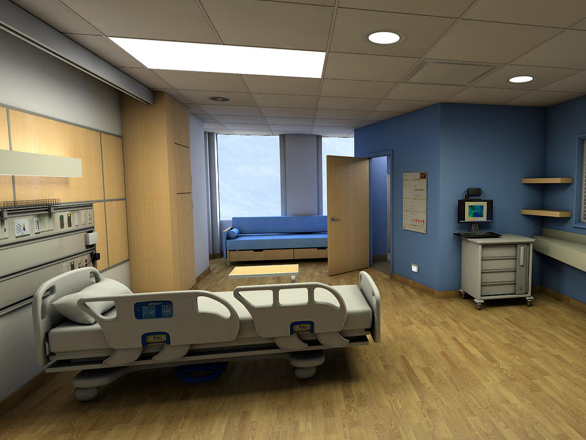 3D medical-environment visualization showing a patient room, hospital bed, cabinetry, and equipment.
