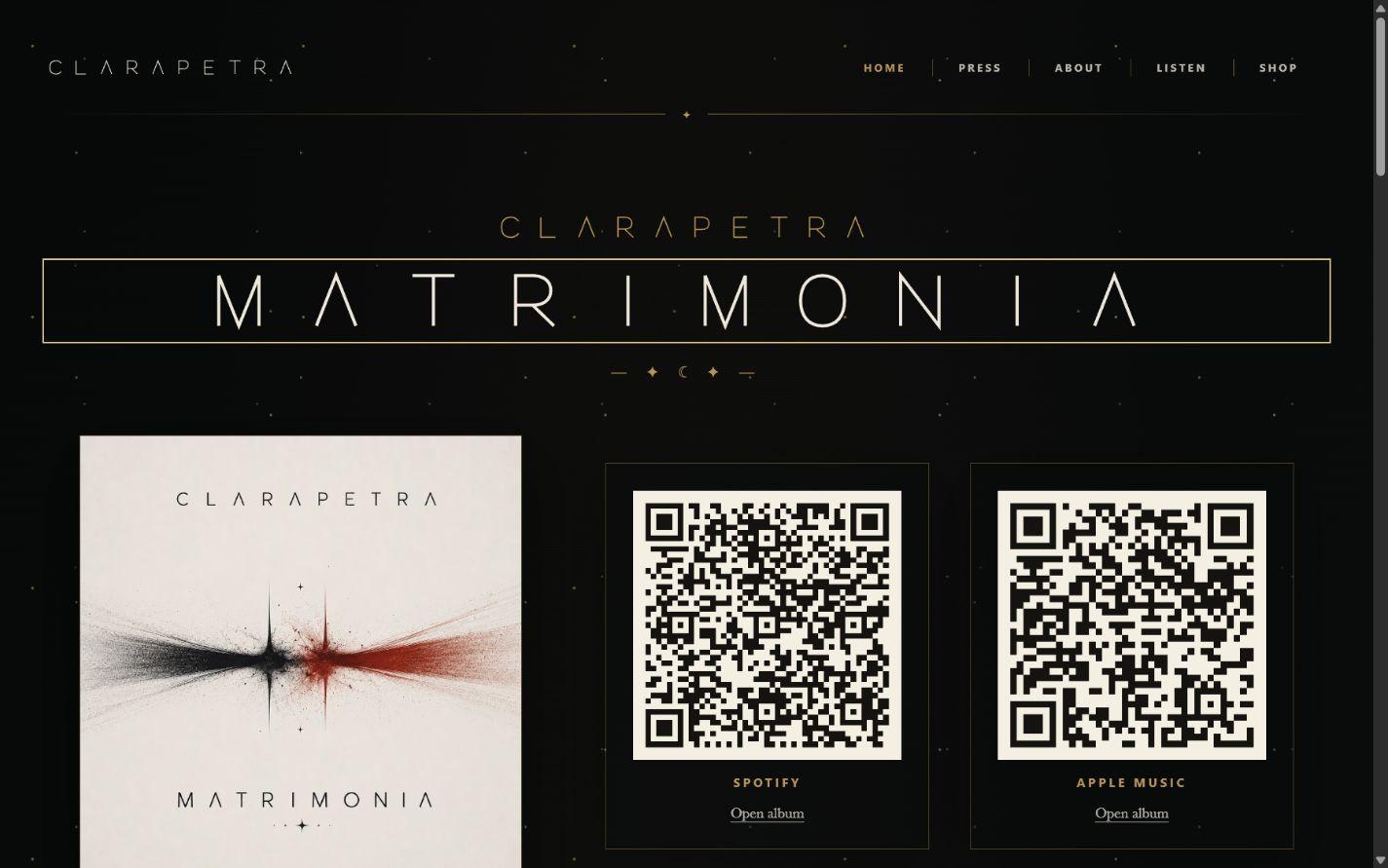 Clarapetra's MATRIMONIA release presentation with direct Spotify and Apple Music access.