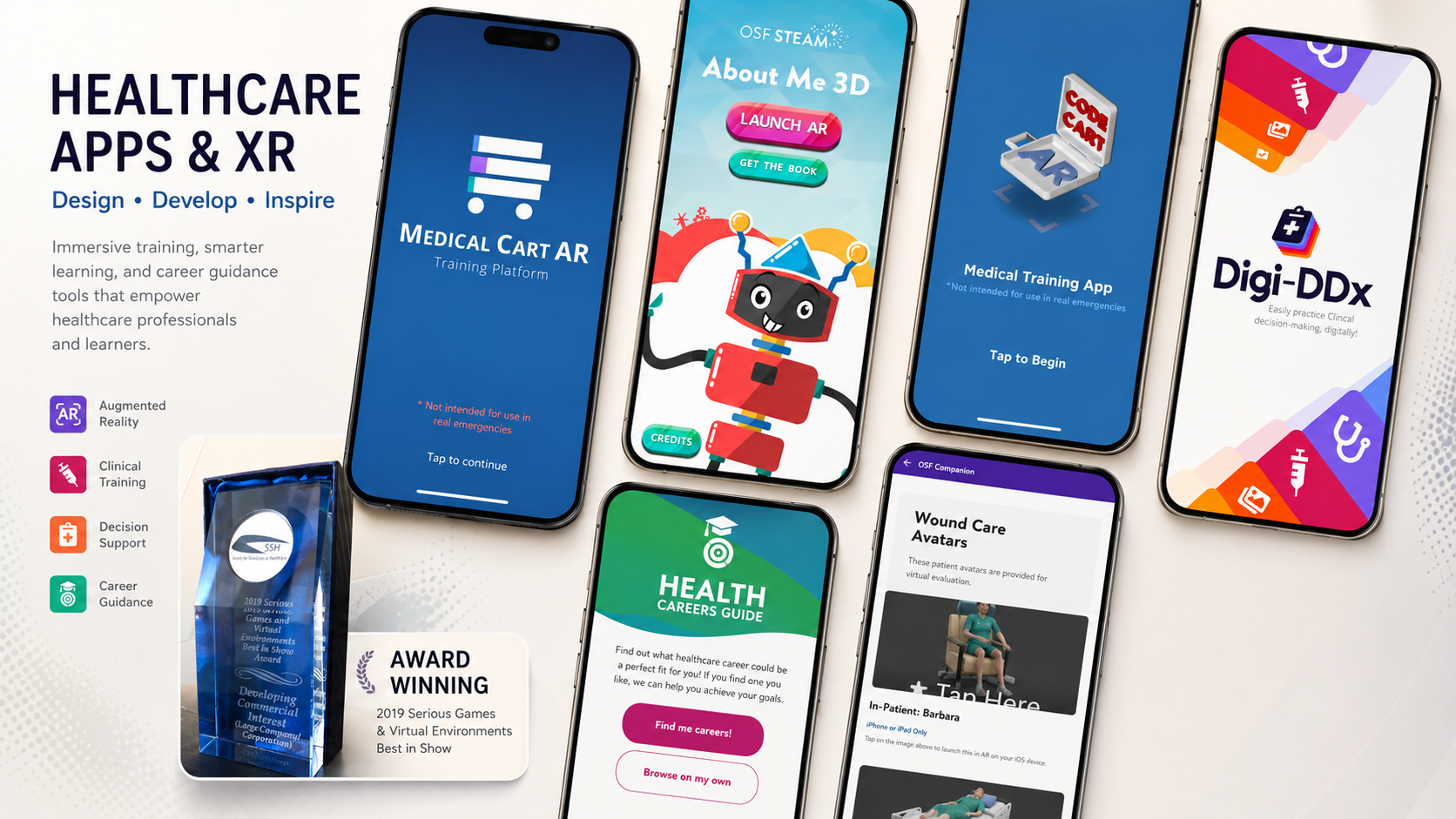 Healthcare Apps and XR project collage showing mobile training, augmented reality, clinical decision support, and career guidance app screens.