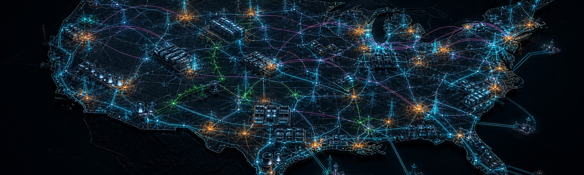 A dark editorial map of the United States visualized as an interconnected AI infrastructure system of data centers, grids, power, fuel, and capital.