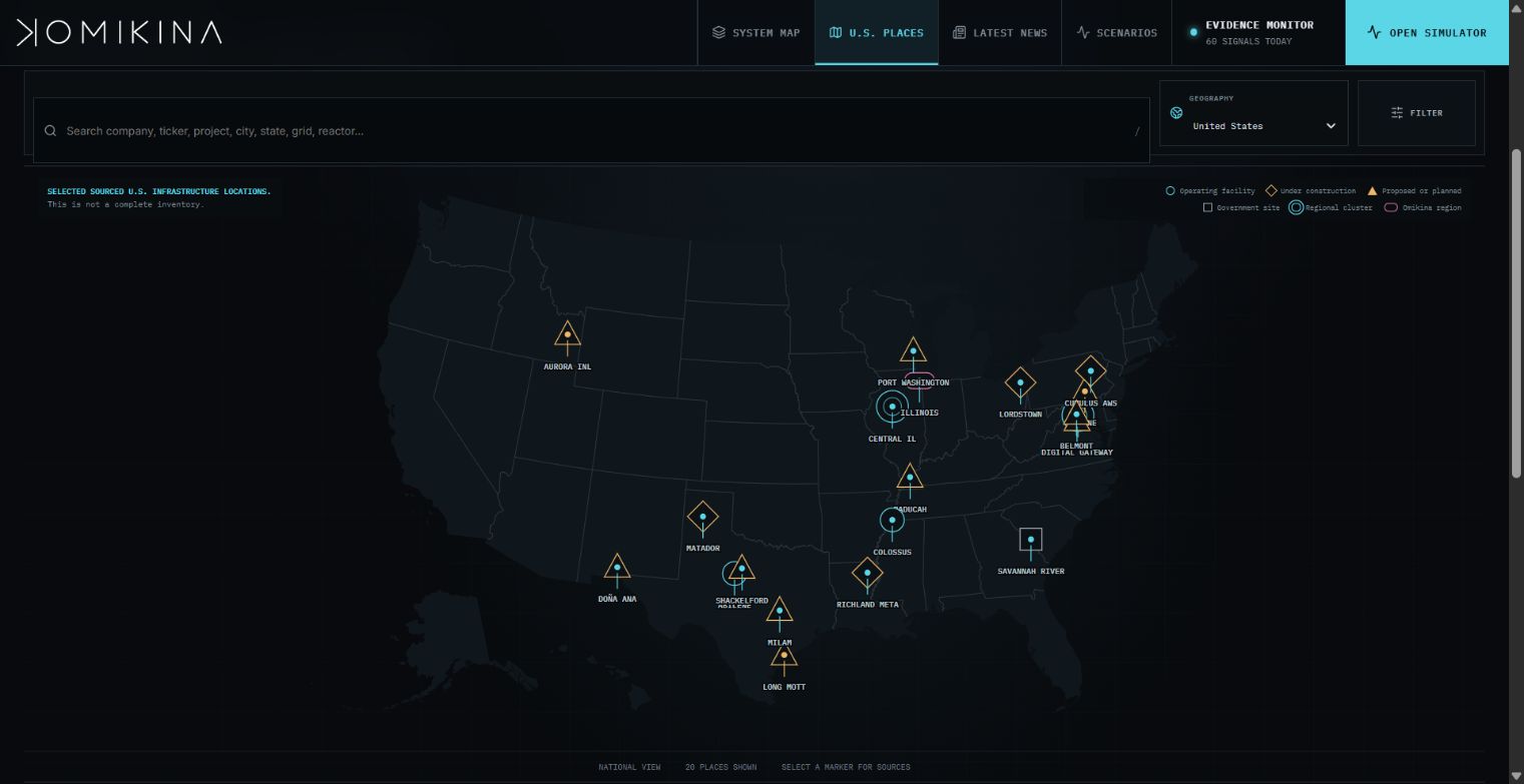 OMIKINA U.S. Places view showing selected sourced AI infrastructure locations on a national map.